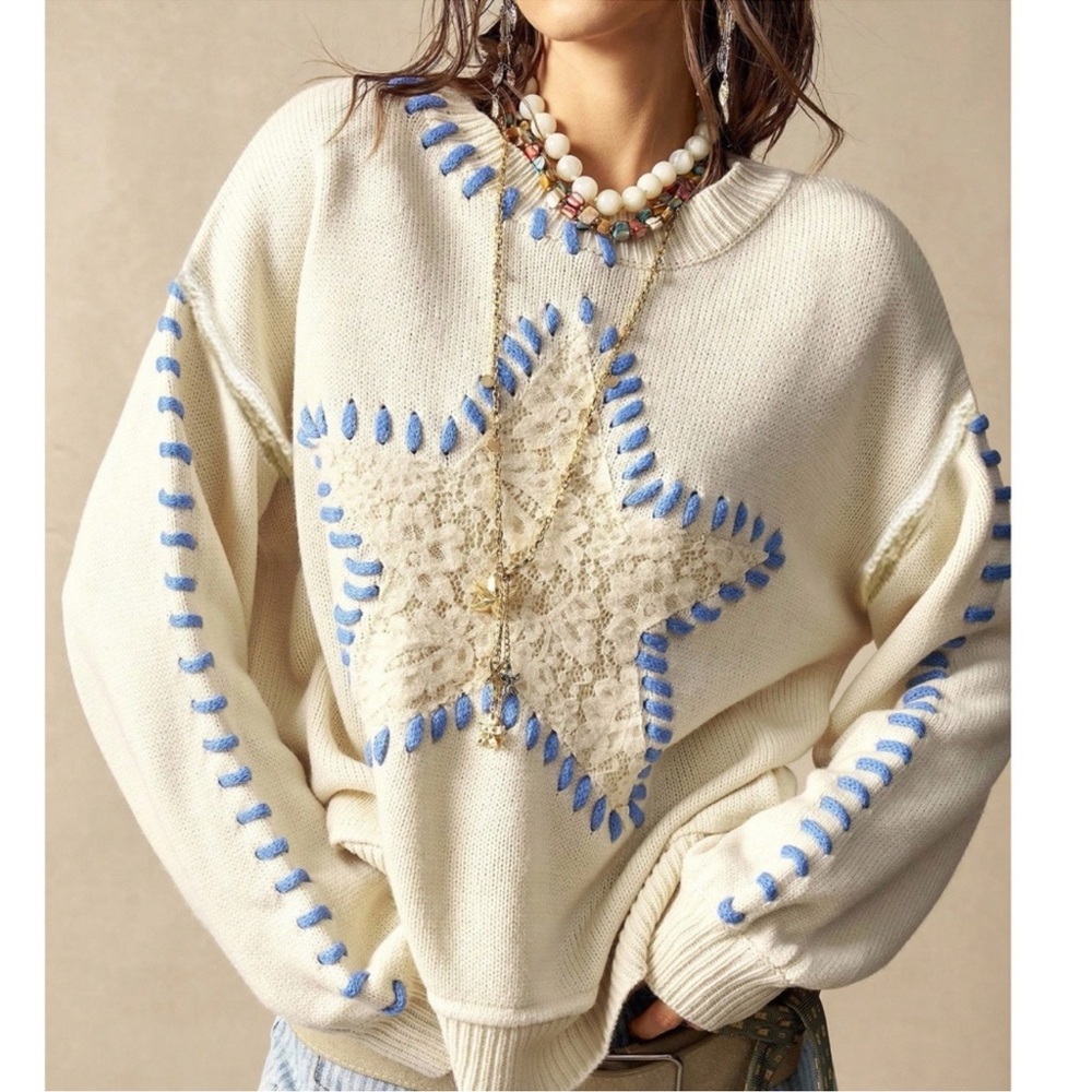 Cozy Contrast Detail Floral Lace Star Oversized Sweater Top S M L